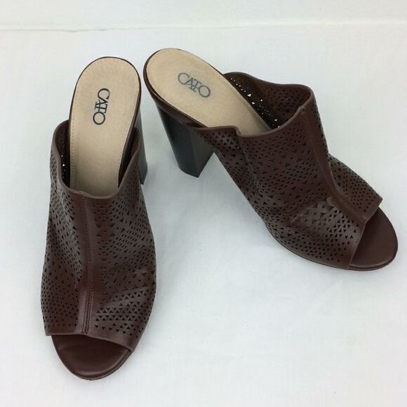 Cato Laser Cut Punch Design Brown Vegan Leather Slip on Heeled Mules - Picture 1 of 8